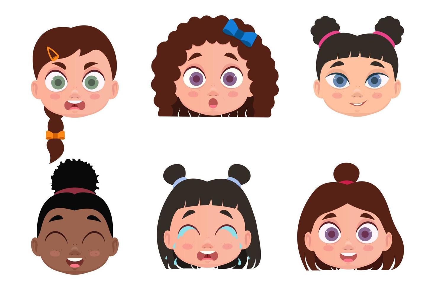 Set of faces, child emotions, shock, angry, cheerful, smiling, crying vector