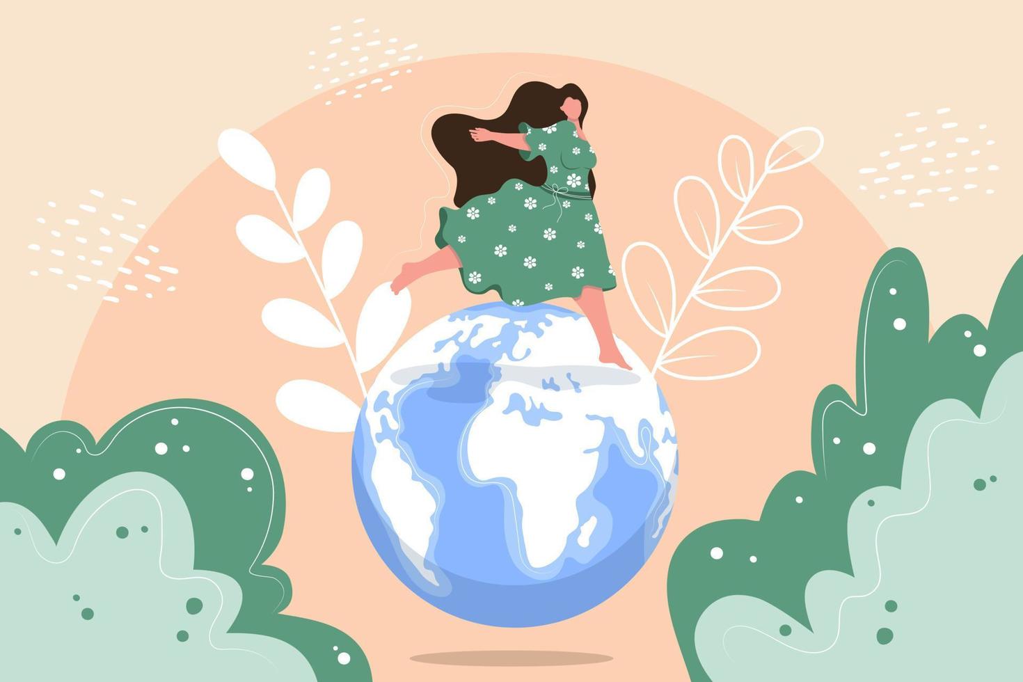 A girl in a dress runs around the planet, save the world vector