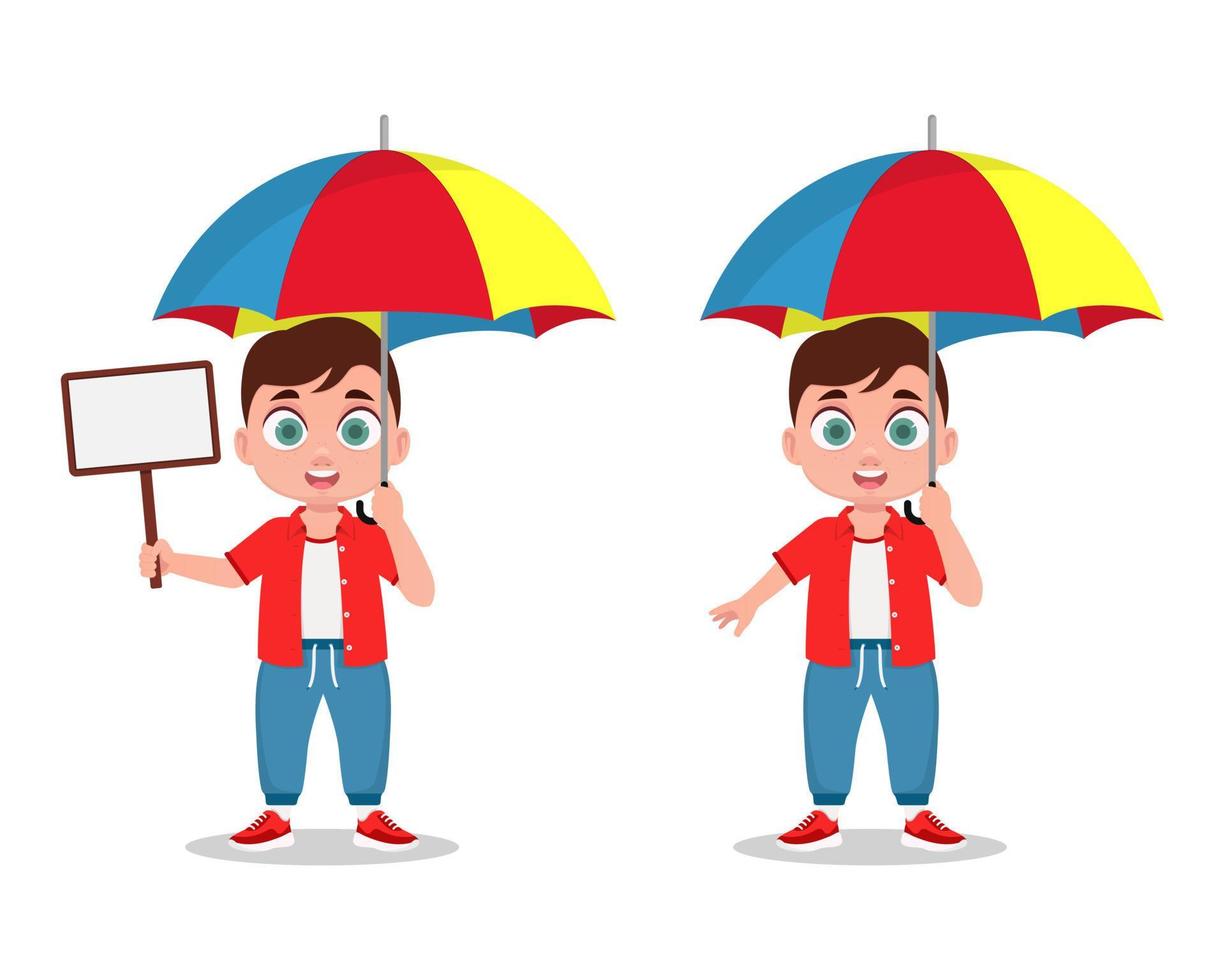 un niño bajo un paraguas, un cartel en la mano vector