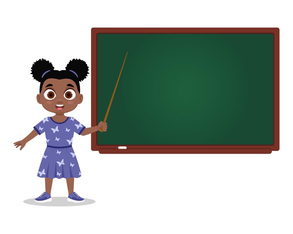 Child stands with a pointer near the blackboard vector