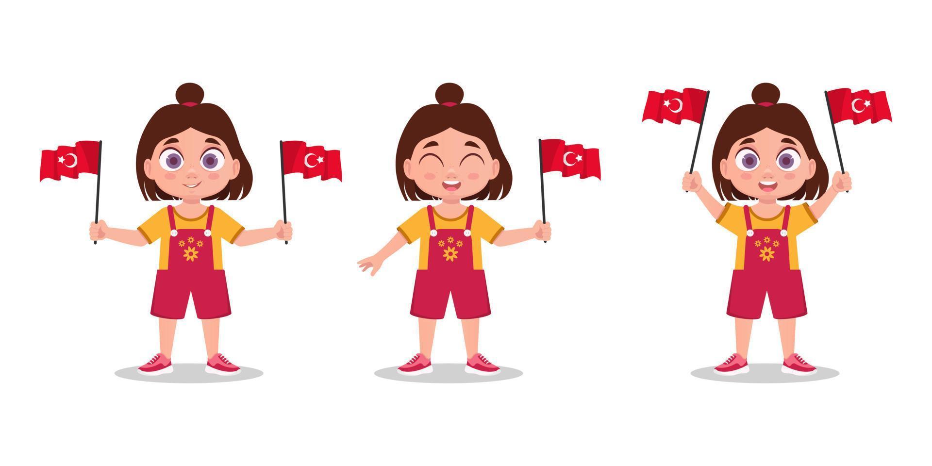 Set of cute baby with Turkey flag in hand. girl with a flag vector