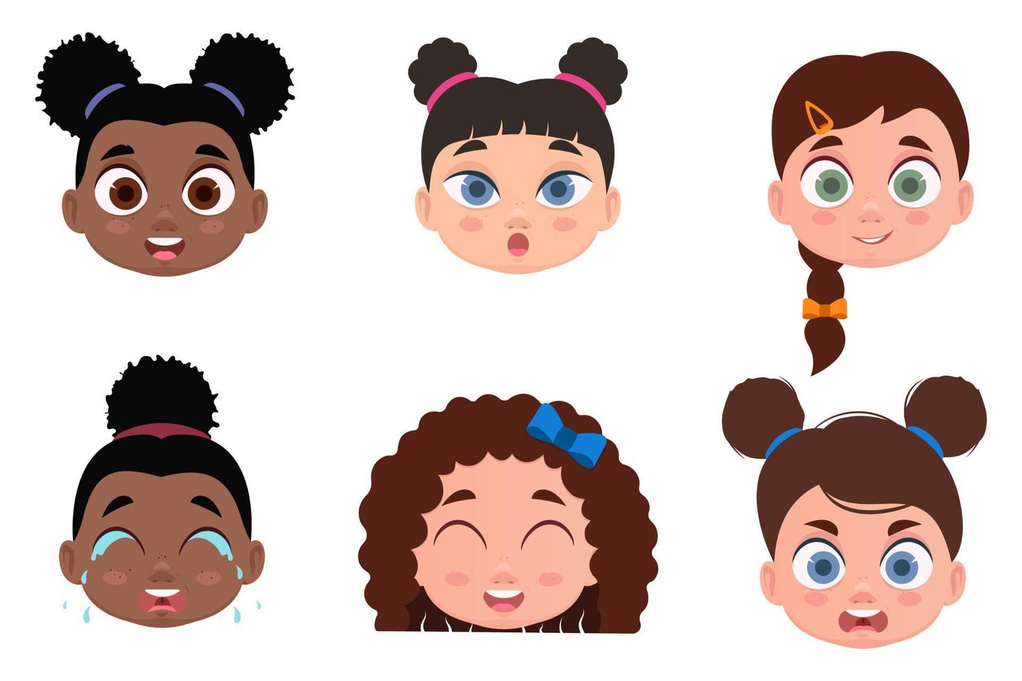 Set of faces, child emotions, shock, angry, cheerful, smiling, crying vector