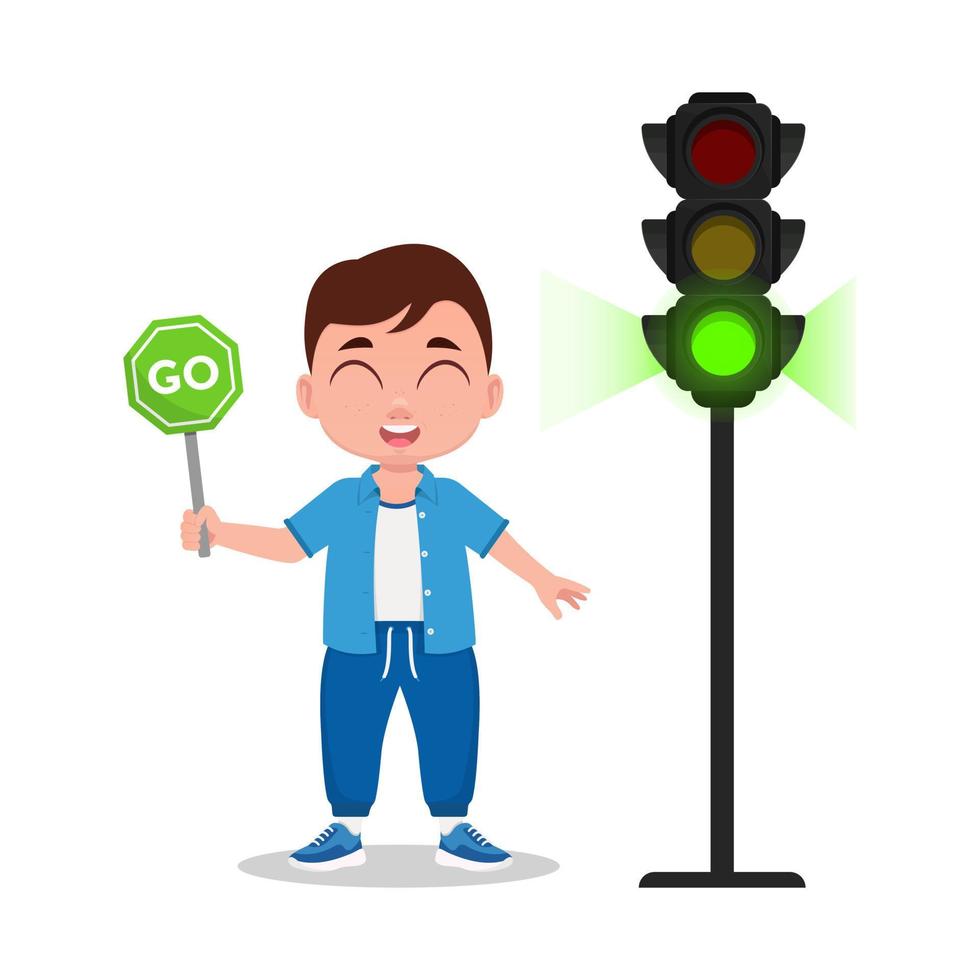 The child is holding a sign go. The traffic light shows a green signal vector
