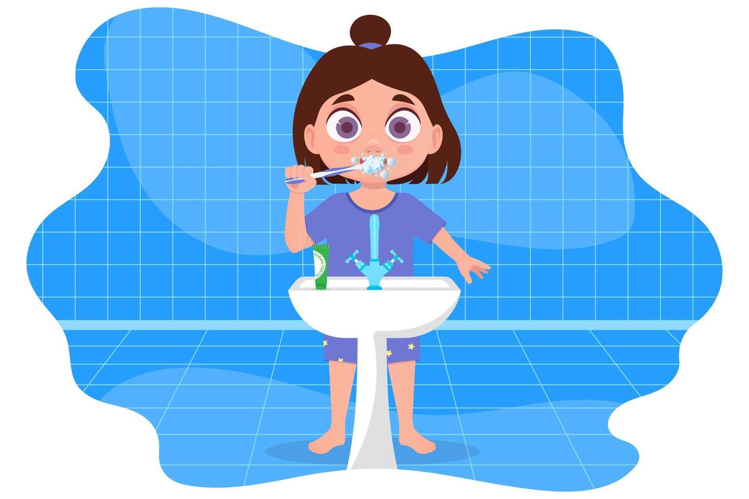 niño en pijama cepillándose los dientes, en el baño vector