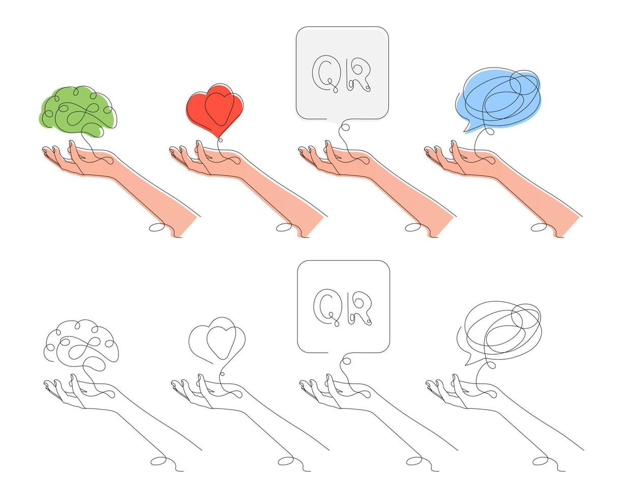 Set of hands, line art style hands, one line drawing vector