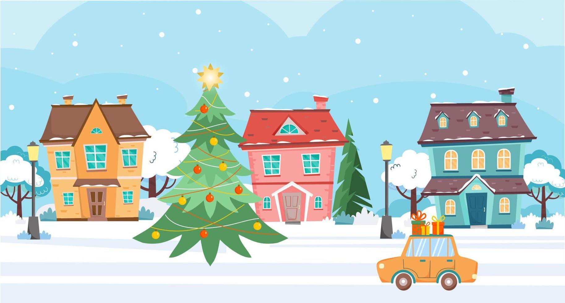 Cute houses at winter snow day. Car with fir tree and gift boxes drives down the street . Cottages, trees, street lamps, christmas tree, cars. Winter town at day time. Vector illustration.
