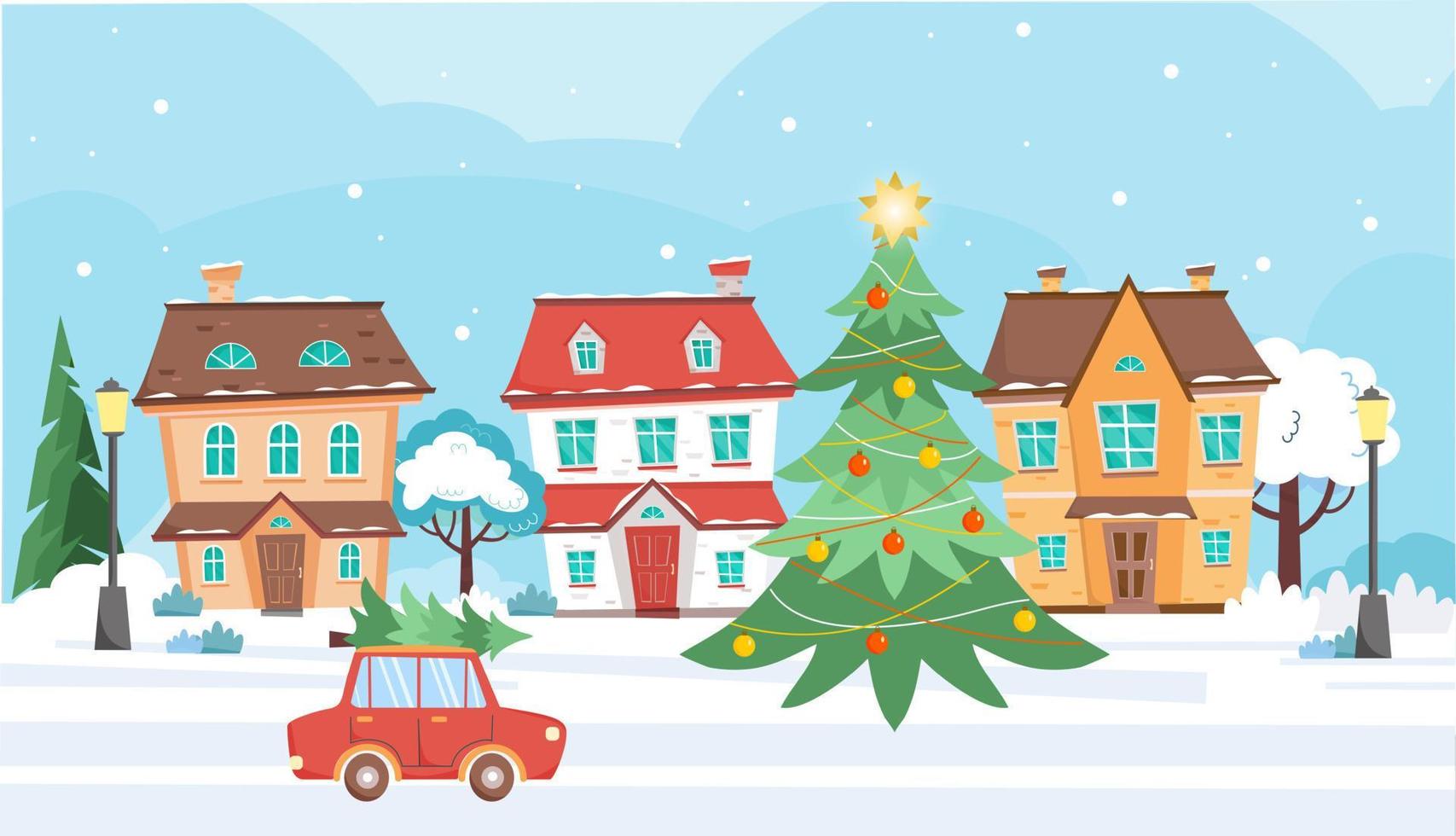Cute houses at winter snow day. Car is carring fir tree. Cottages, trees, street lamps, christmas tree, cars. Winter town at day time. Vector illustration.