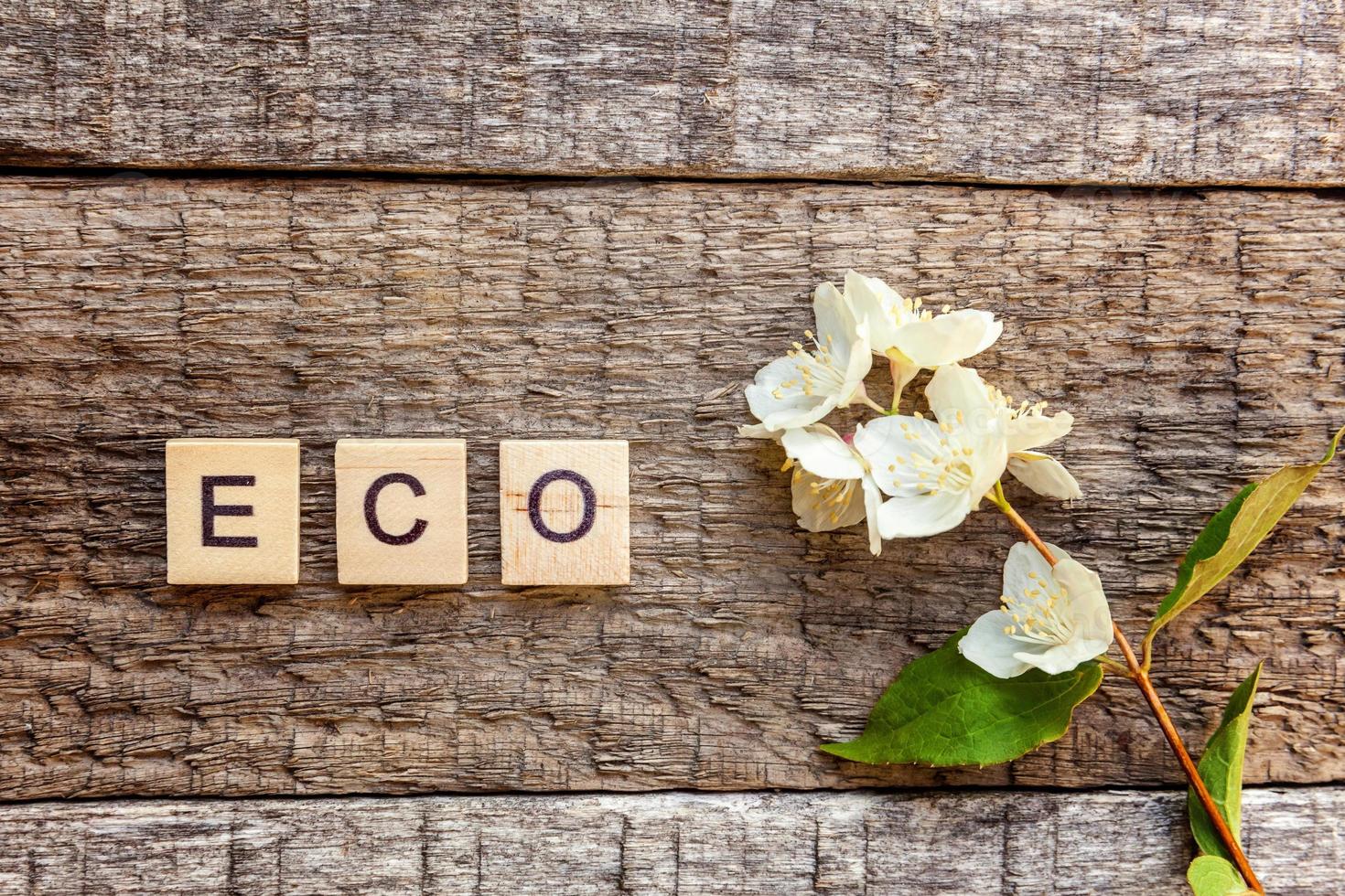Inscription ECO letters word and jasmine flower on old rustic wooden background photo