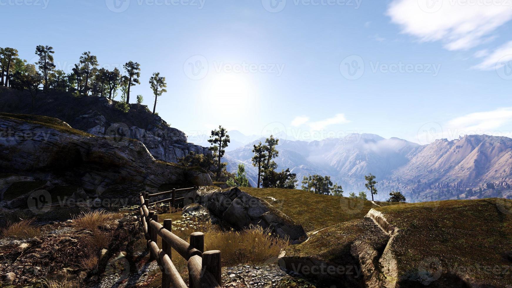 Rich natural forest area, streams, sky, mountains and various plants 3D rendering photo