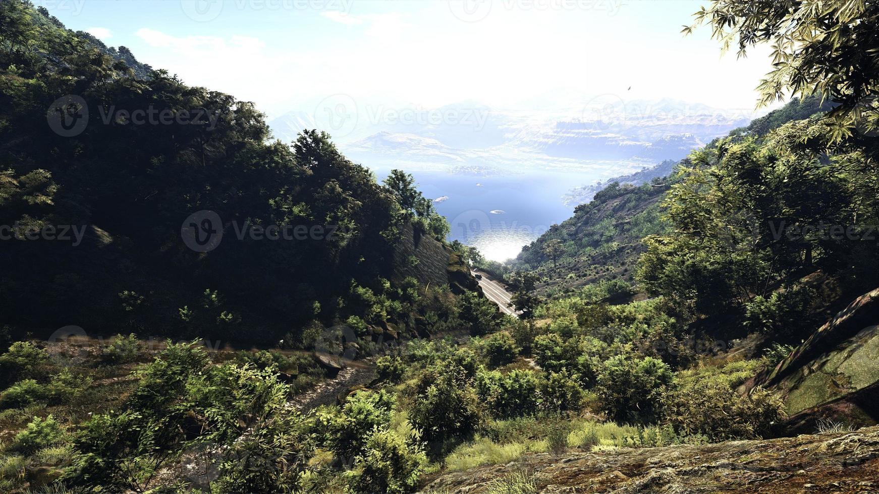 Rich natural forest area, streams, sky, mountains and various plants 3D rendering photo