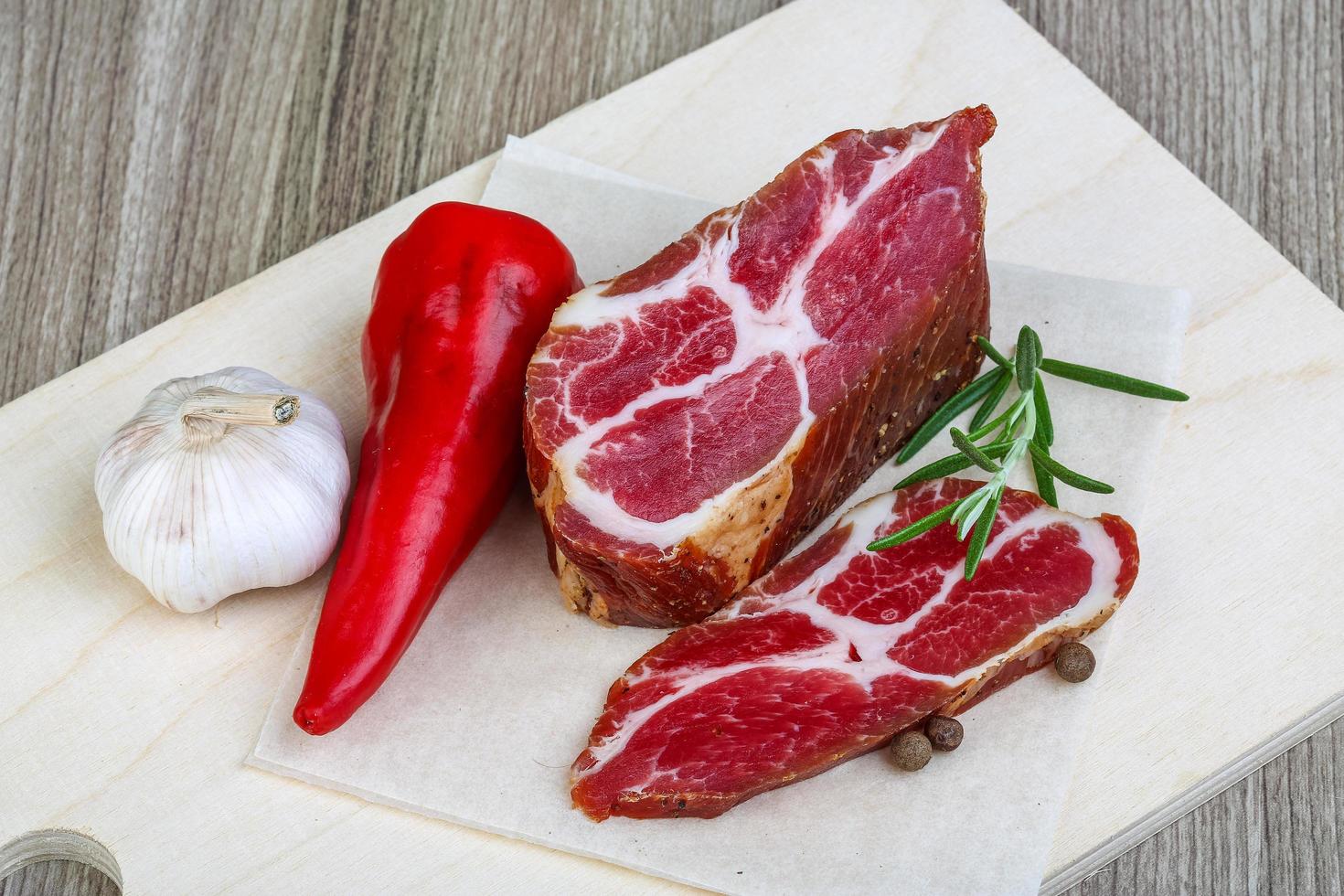 Chuck steak on wooden board and wooden background photo