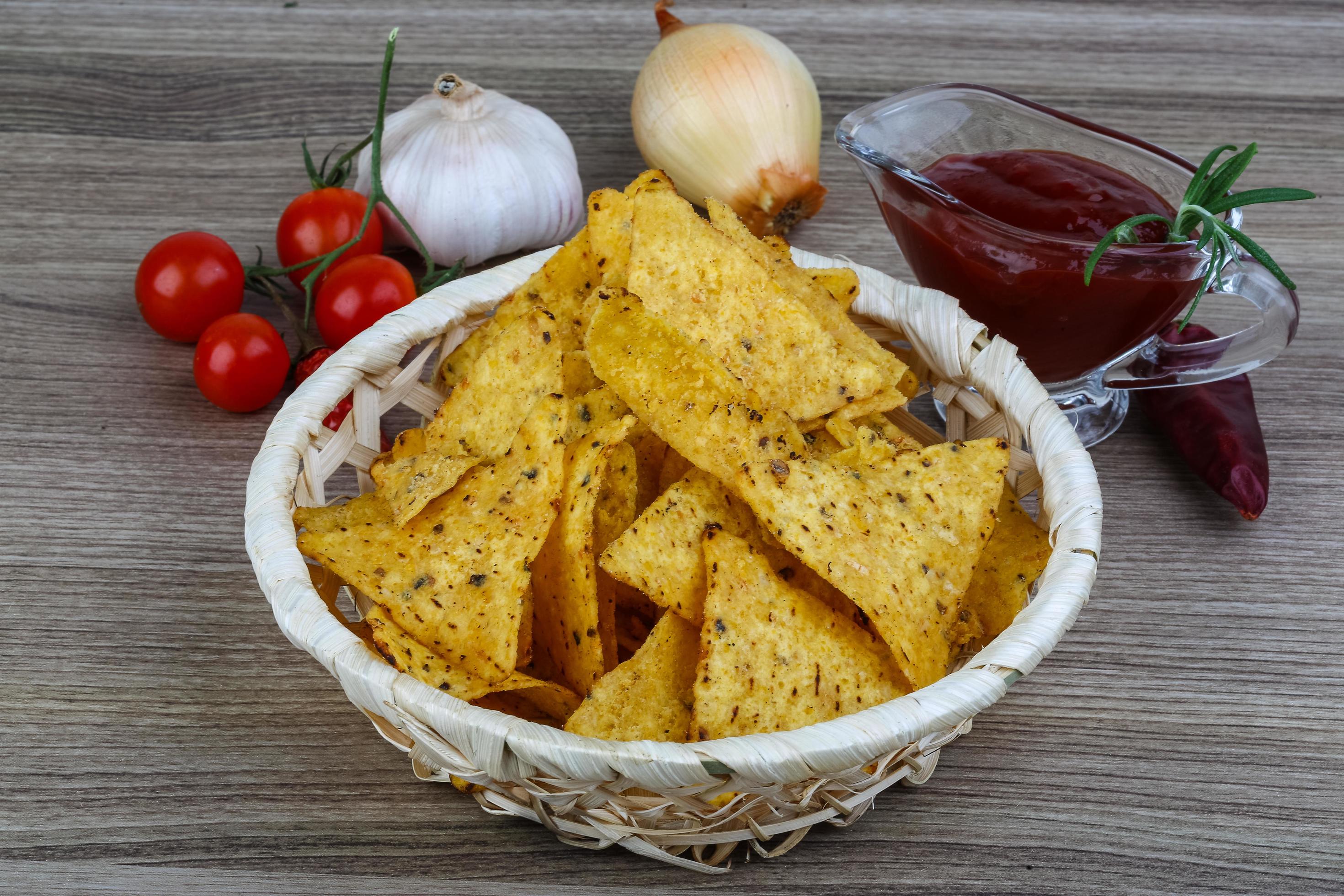 Nachos in a basket on wooden background 12530883 Stock Photo at Vecteezy