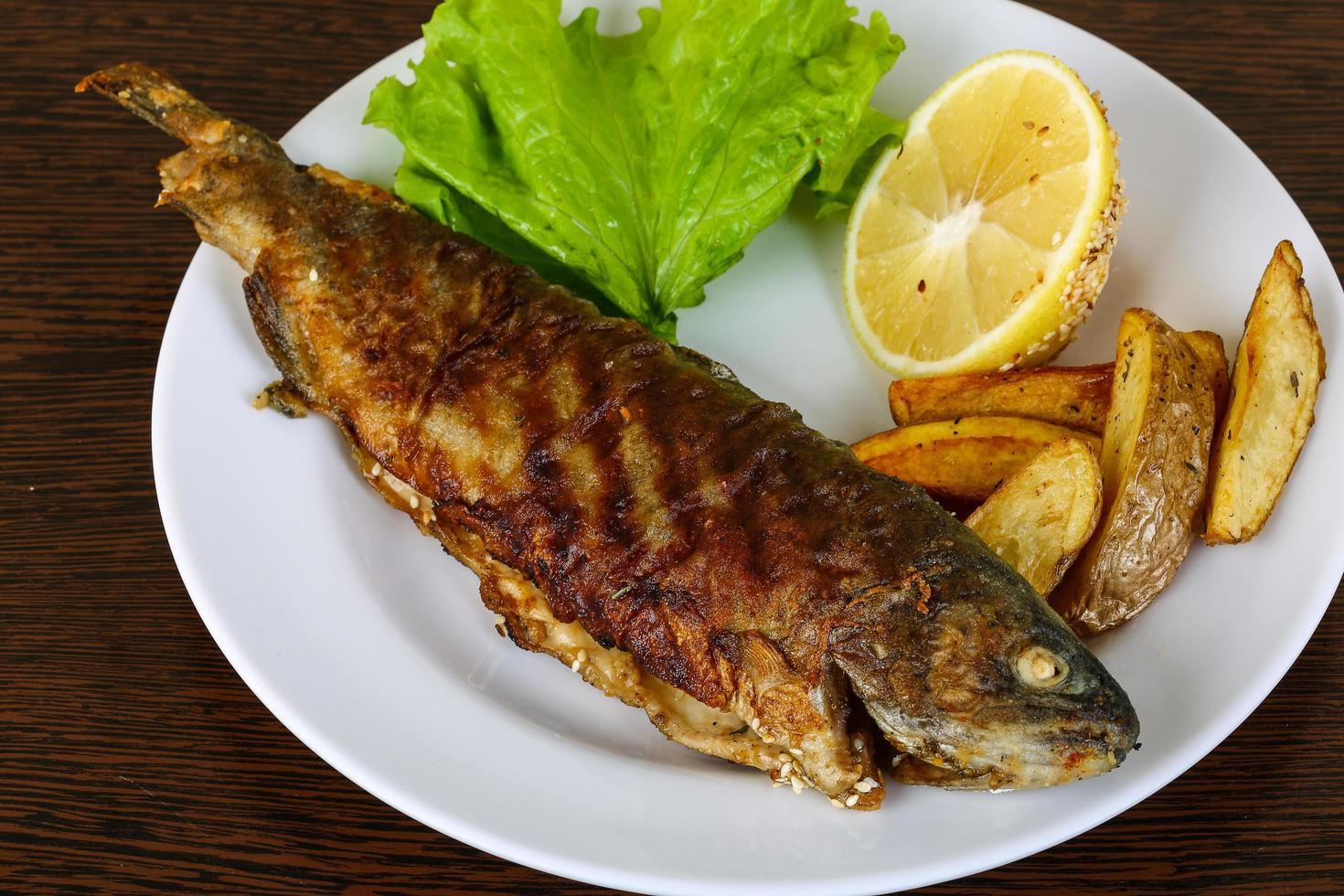 Grilled trout on the plate and wooden background photo