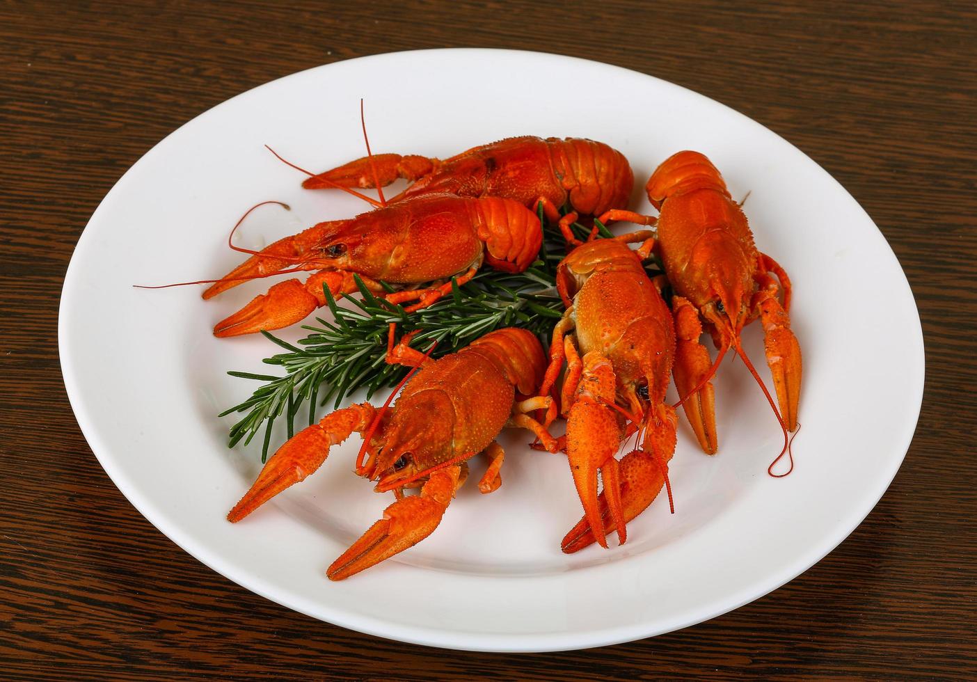 Crayfish on the plate and wooden background photo