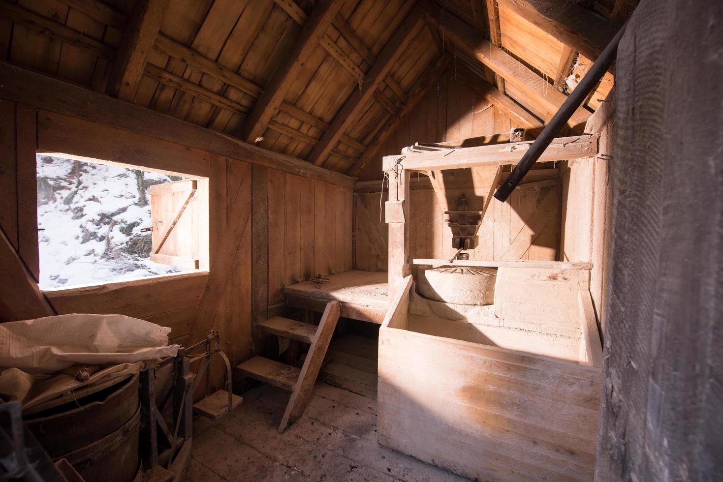 interior of retro wooden watermill photo