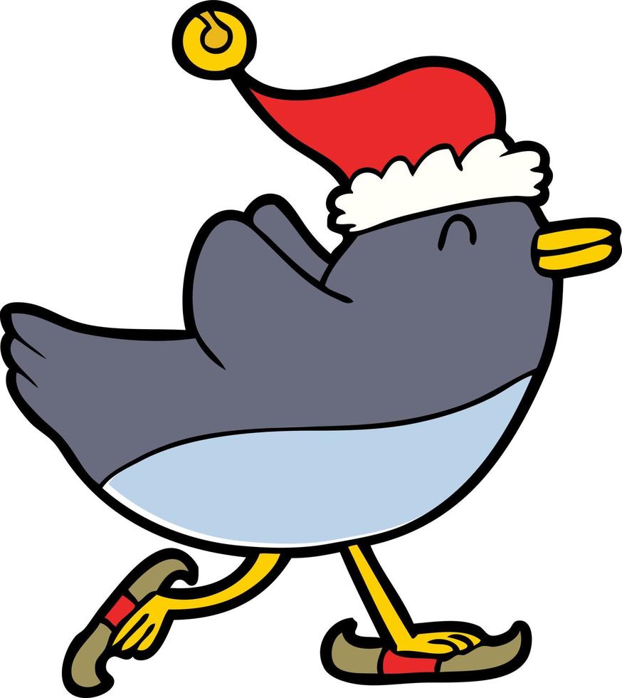 ice skating penguin with christmas hat character vector