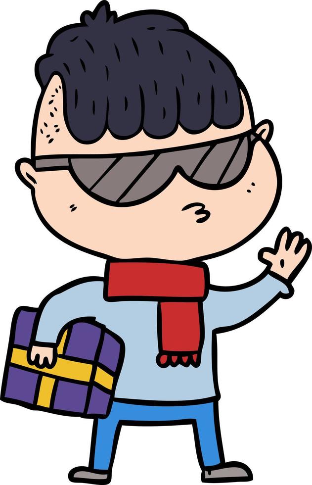 niño de dibujos animados con gafas de sol con regalo de navidad vector