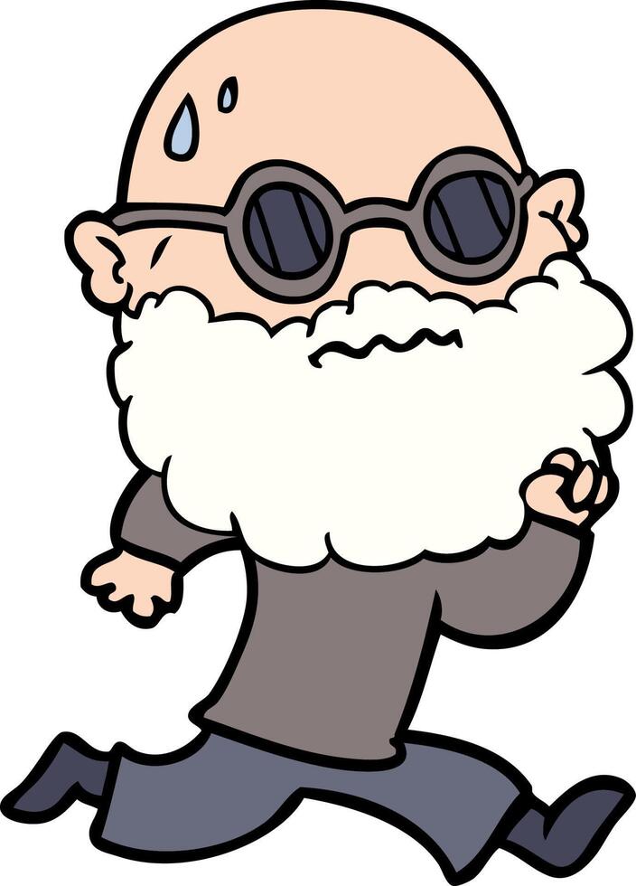 cartoon running man with beard and sunglasses sweating vector