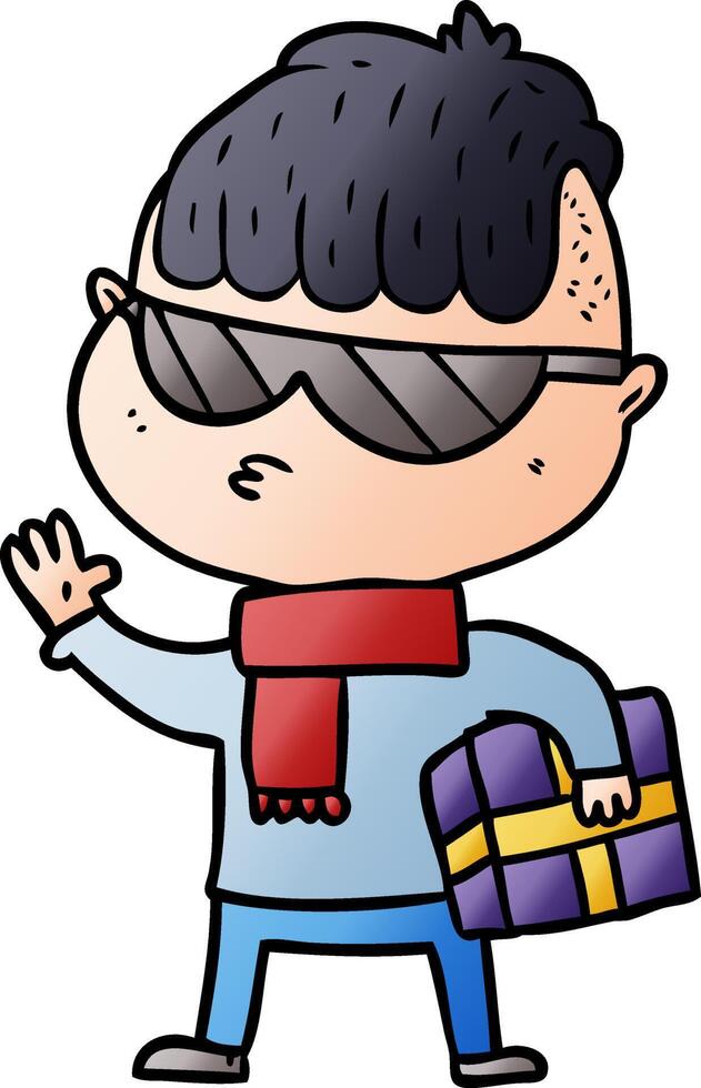 cartoon boy wearing sunglasses carrying xmas gift vector