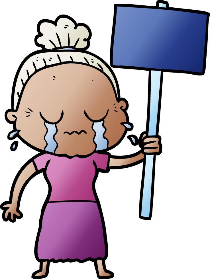 cartoon old woman crying while protesting vector