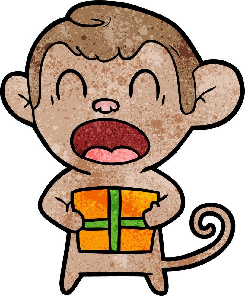 shouting cartoon monkey carrying christmas gift vector