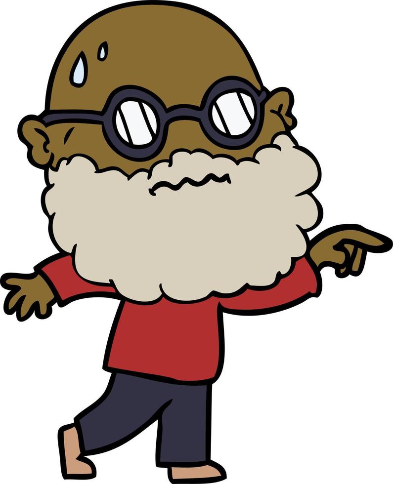 cartoon worried man with beard and spectacles pointing finger vector