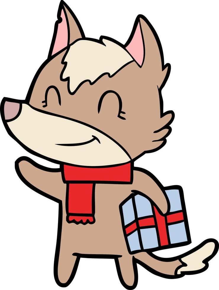 friendly cartoon wolf with present vector
