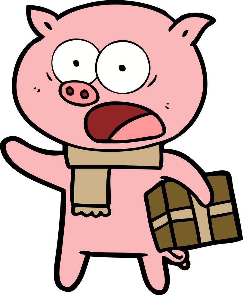 cartoon pig with christmas present vector