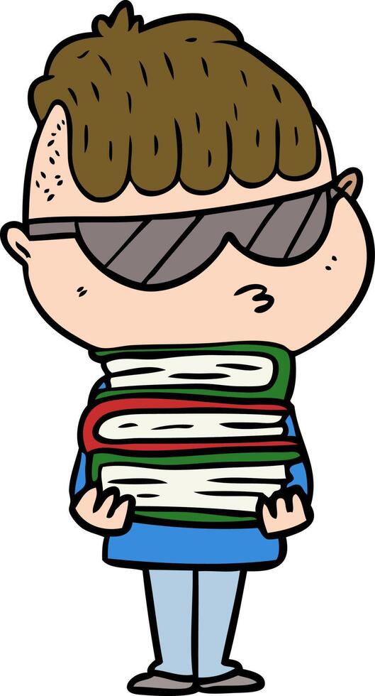 cartoon boy wearing sunglasses with stack of books vector