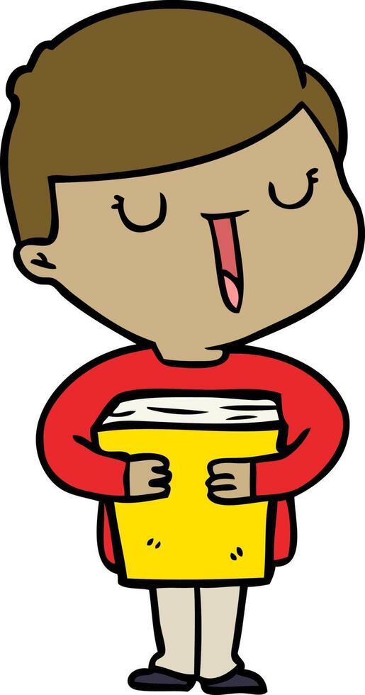 niño feliz de dibujos animados hablando de su libro vector