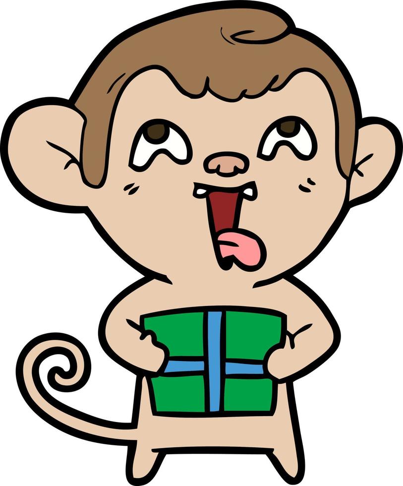 crazy cartoon monkey with christmas present vector