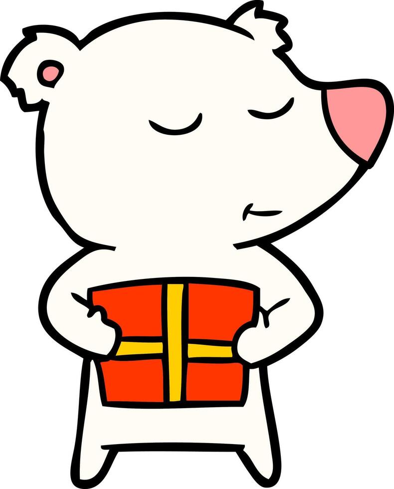 happy cartoon polar bear with present vector