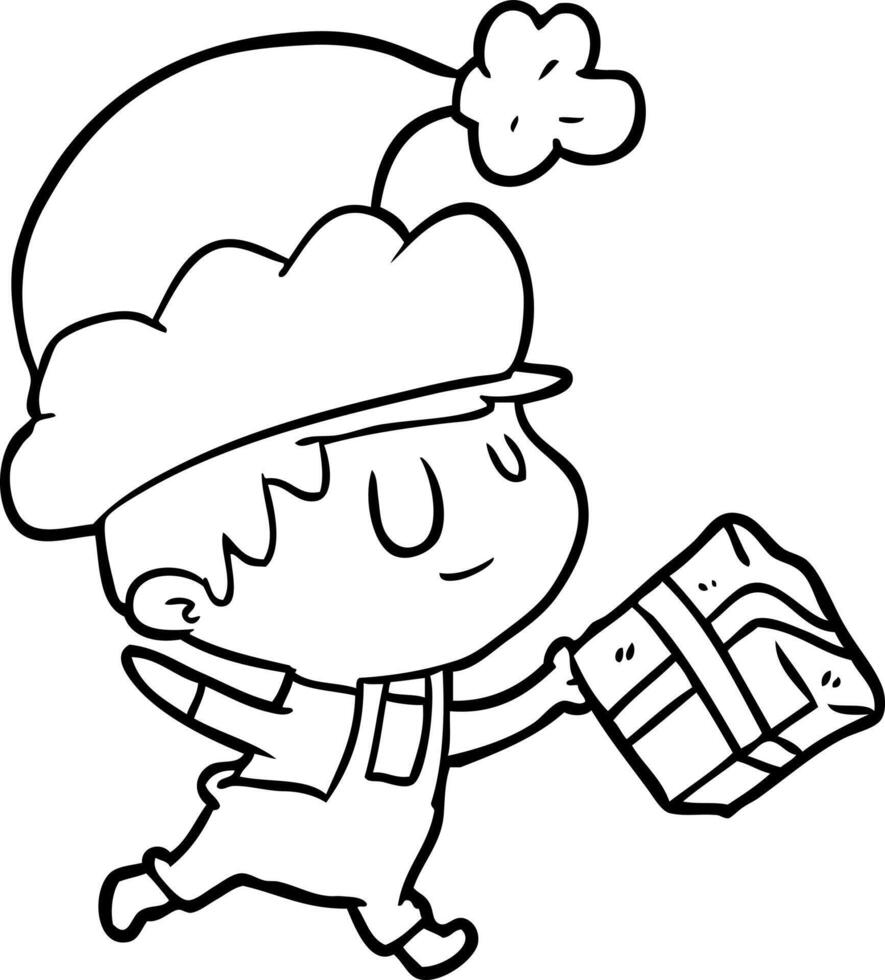 line drawing of a happy christmas elf with present vector