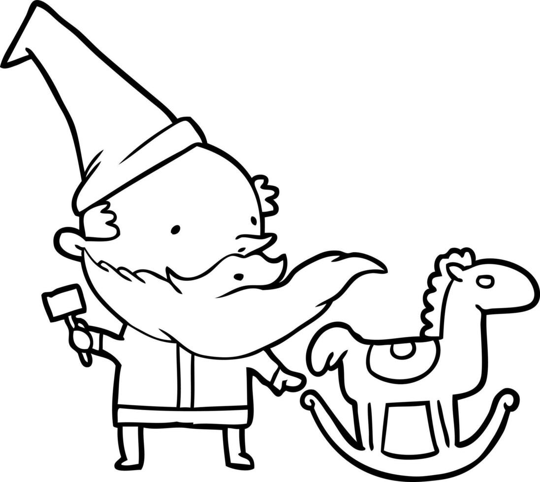 line drawing of a santa  or elf  making a rocking horse vector