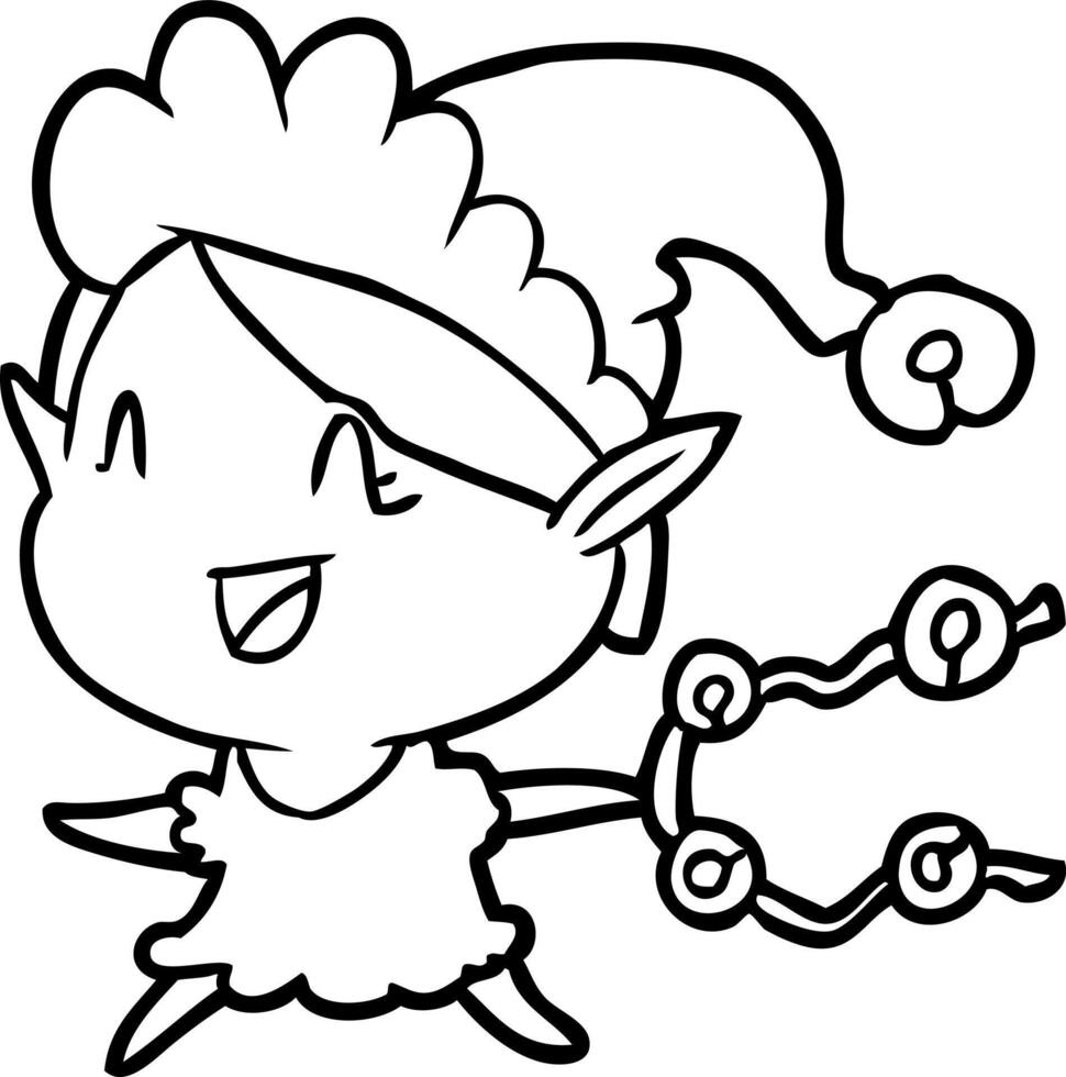 line drawing of a happy christmas elf vector