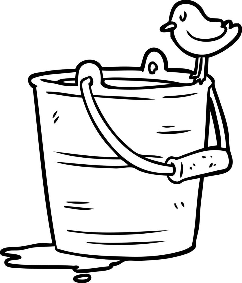 line drawing of a bird looking into bucket of water vector