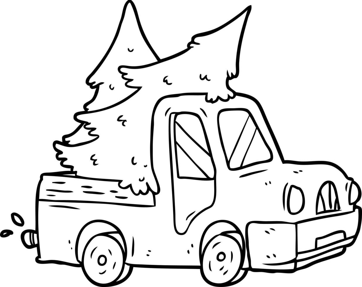 line drawing of a pickup truck carrying christmas trees vector
