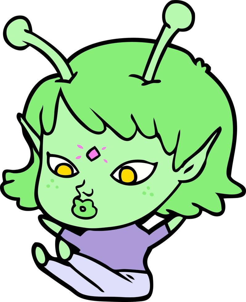 linda chica alienígena de dibujos animados sentada vector