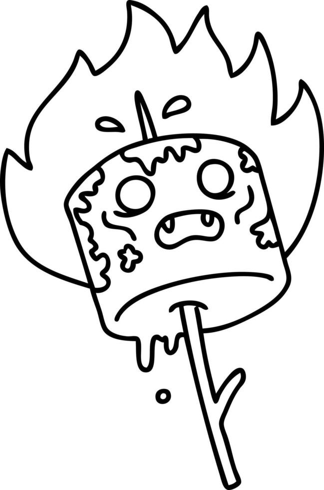 line doodle of a burning marshmallow on a stick vector