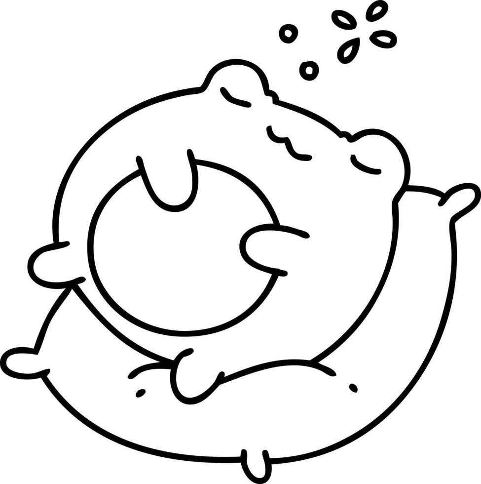 line doodle of a cute frog sleeping on a pillow vector