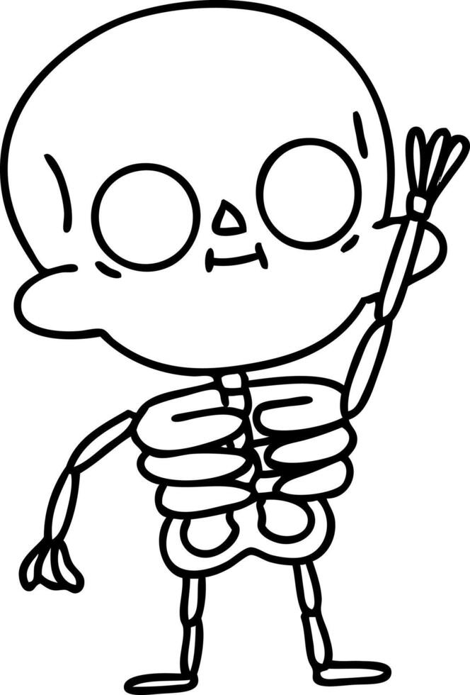 line doodle of a friendly skeleton waving vector