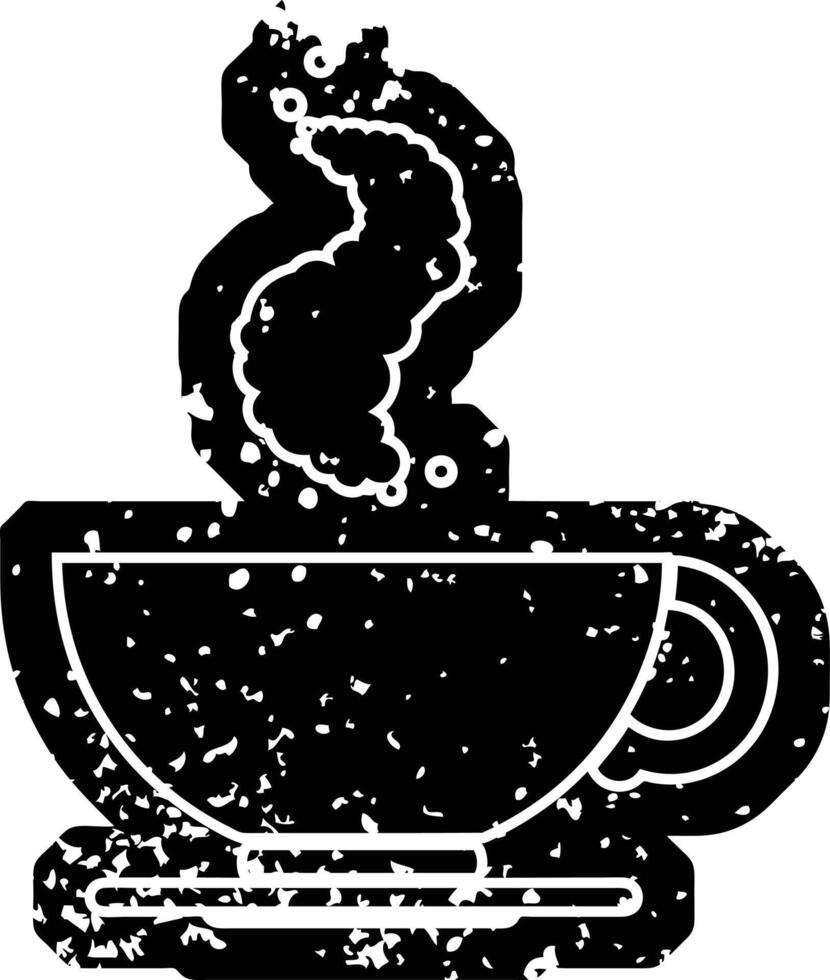 Distressed effect vector icon illustration of a hot cup of coffee