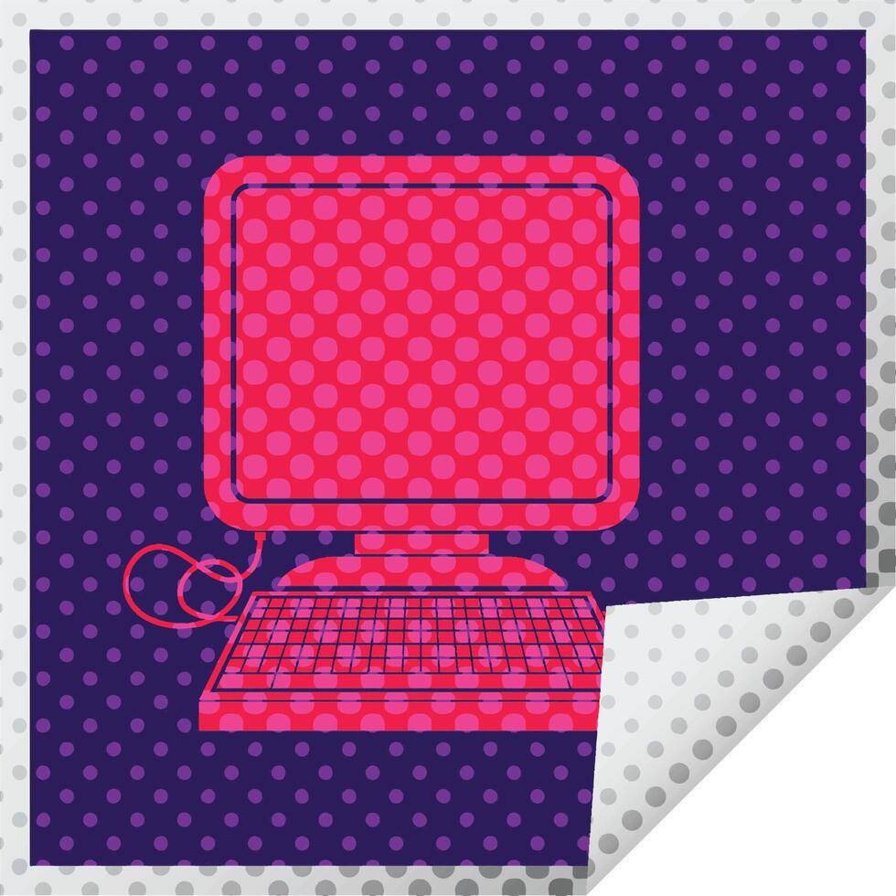computer with mouse and screen square peeling sticker vector