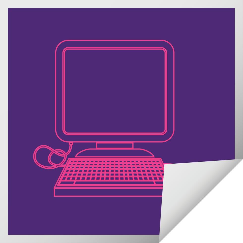 computer with mouse and screen square peeling sticker vector