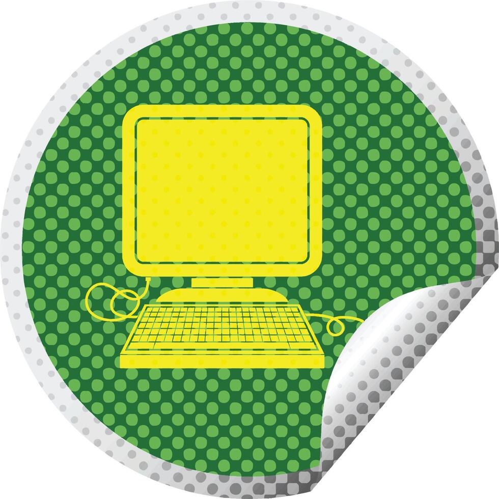 computer with mouse and screen circular peeling sticker vector