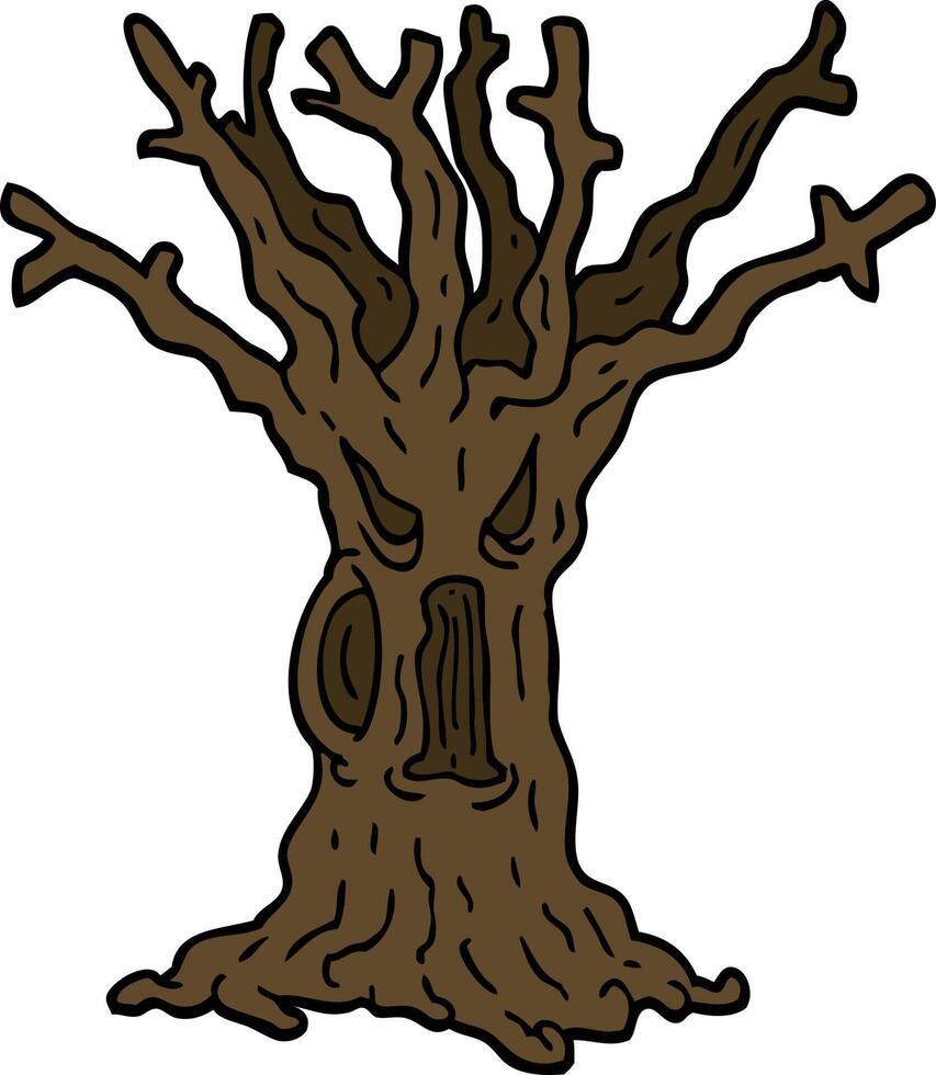 árbol espeluznante de dibujos animados estilo doodle dibujado a mano vector