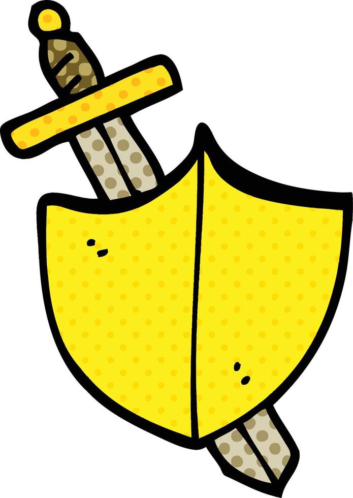 Escudo y espada de dibujos animados estilo cómic vector