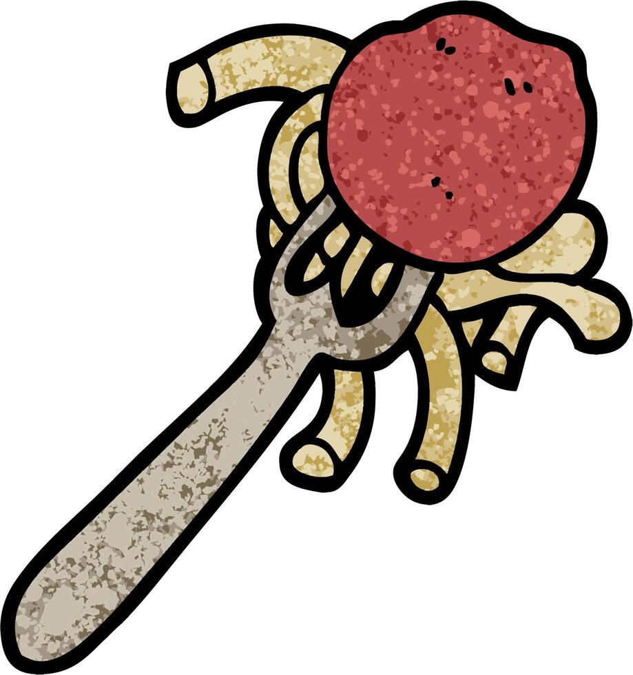 grunge textured illustration cartoon spaghetti and meatballs on fork vector