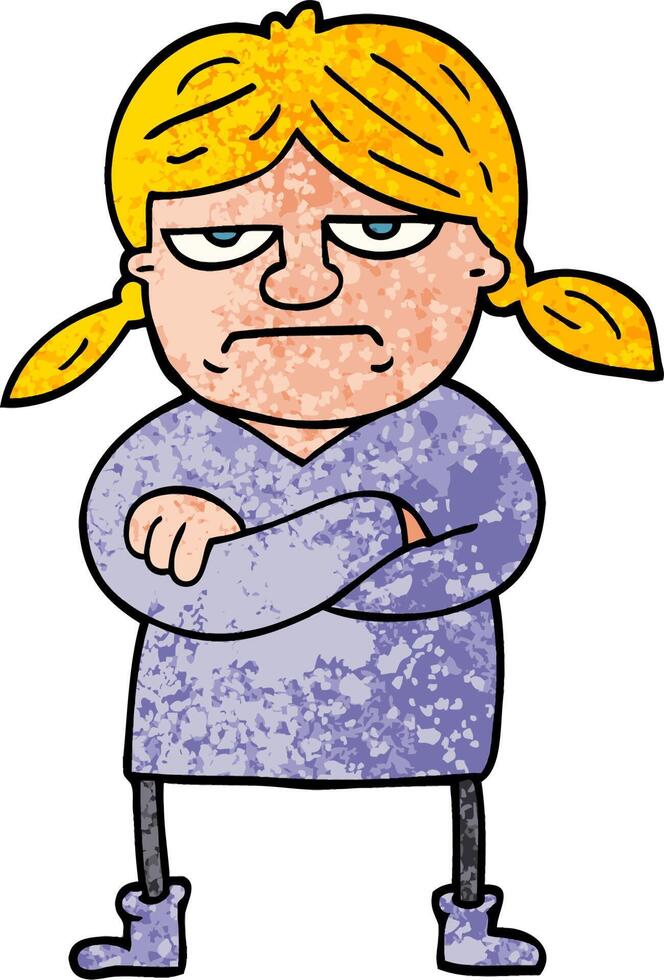 grunge textured illustration cartoon grumpy girl vector