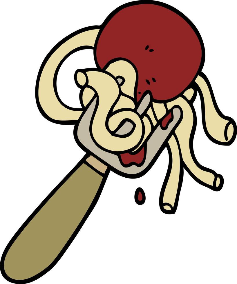 hand drawn doodle style cartoon spaghetti and meatballs on fork vector